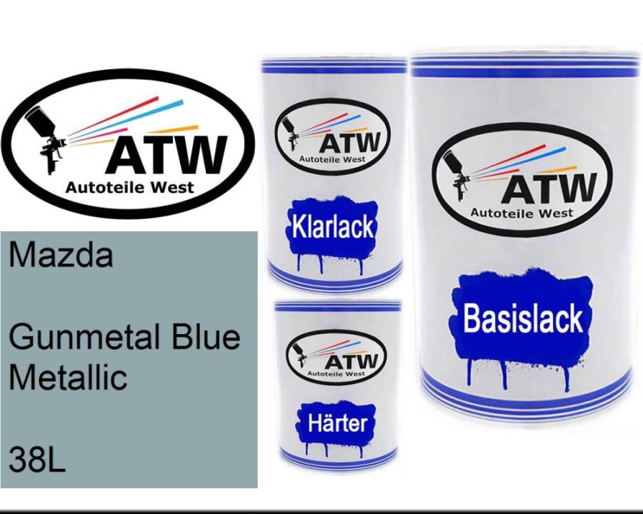 Mazda, Gunmetal Blue Metallic, 38L: 500ml Lackdose + 500ml Klarlack + 250ml Härter - Set, von ATW Autoteile West.